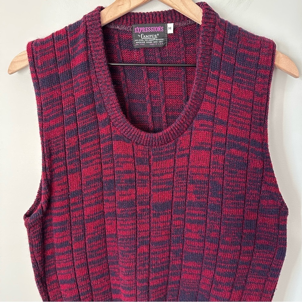 Expressions By Campus Vintage Sz M 70s 80s Sweater Vest Red Navy USA Made Wool - Picture 2 of 8